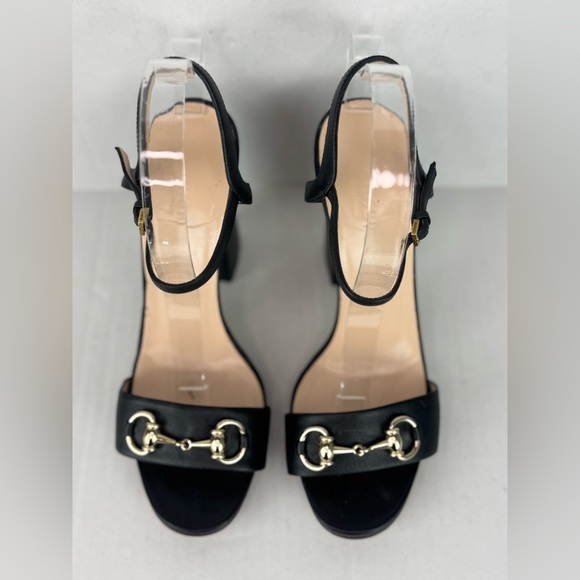 Gucci Black and Gold Heeled Sandals with Ankle Strap - Picture 1 of 8